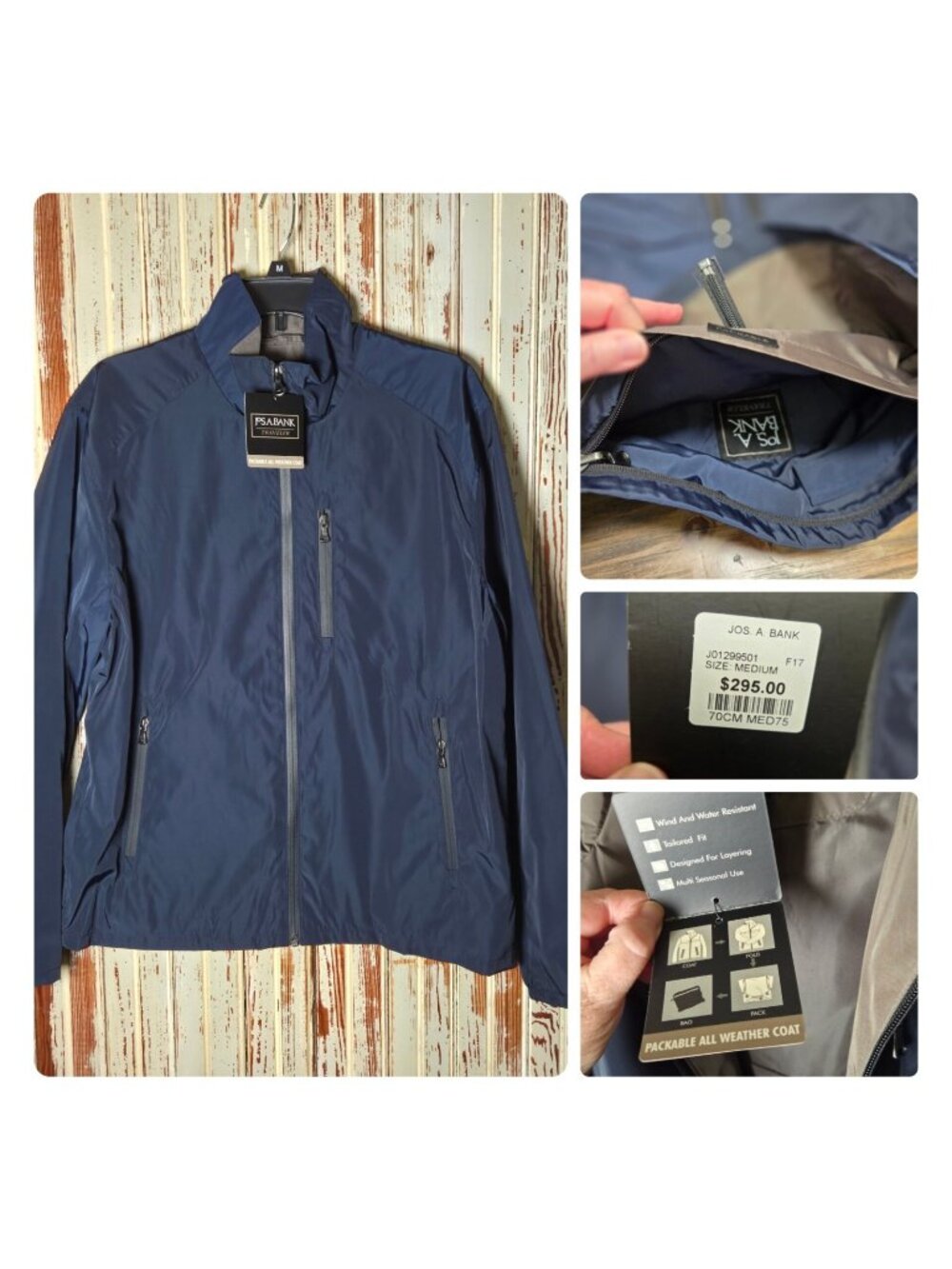 Jos. A. Bank Traveler NEW Packable All Weather Coat  Men's Size Medium Blue Wind